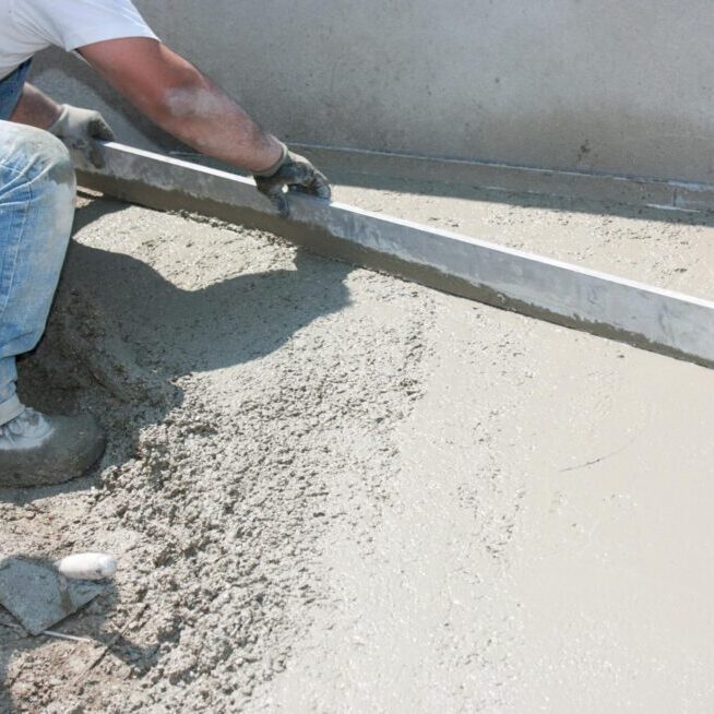 a man laying concrete on the ground"
